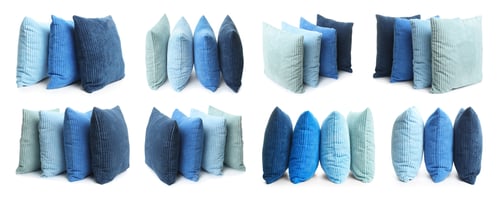 Preview: Throw pillows in shades of blue isolated on white, set