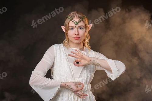 Preview: Beautiful girl dressed as elf on black background with smoke
