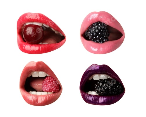 Preview: Women holding different berries and candy in mouth on white background, closeup. Female lips with di