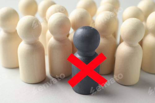 Preview: Dismissal. One grey human figure with red cross among others on white table