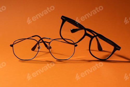 Preview: Pairs of eyeglasses on orange background, closeup