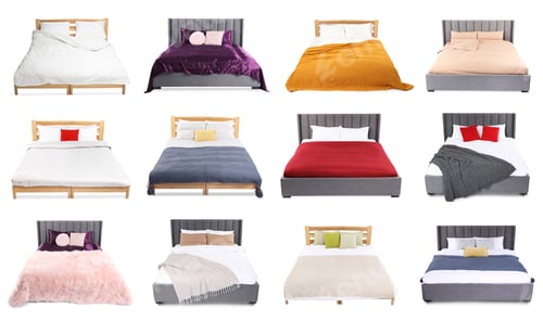 Preview: Large beds with different bed linens isolated on white, set