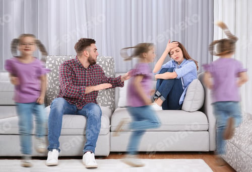 Preview: Family with hyperactive child. Daughter running around arguing parents at home
