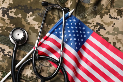 Preview: Stethoscope and USA flag on military uniform, top view