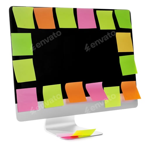 Preview: Computer with colorful sticky notes isolated on white. Multitasking, deadline and rush at work