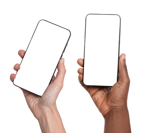 Preview: Men holding mobile phones with blank screen on white background. Mockup for design