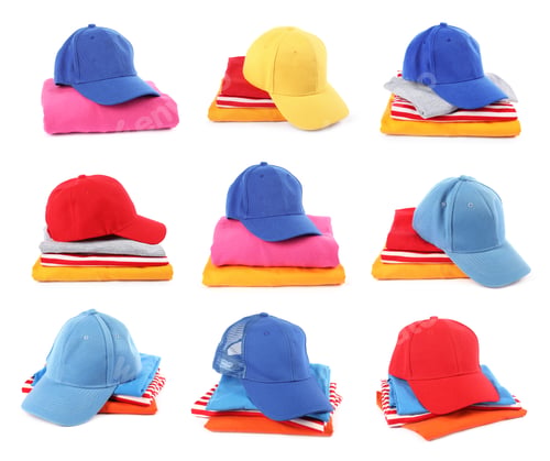 Preview: Baseball caps in different colors and clothes isolated on white, set
