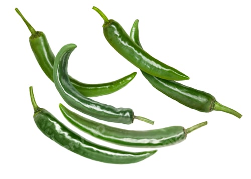 Preview: Green chili peppers flying in air on white background
