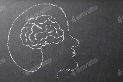 Preview: Amnesia problem. Drawing of head and brain on black background, top view. Space for text
