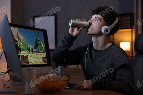 Preview: Young man with energy drink and headphones playing video game at wooden desk indoors