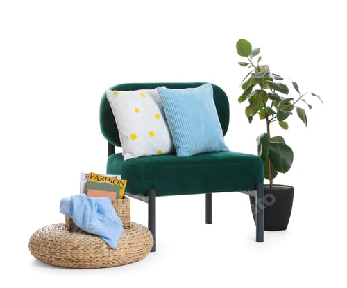 Preview: Armchair with cushions, magazines and houseplant isolated on white