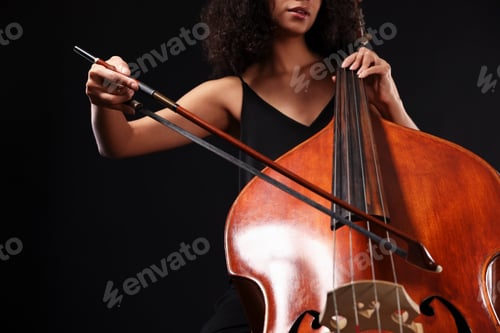 Preview: Woman playing double bass on black background, low angle view