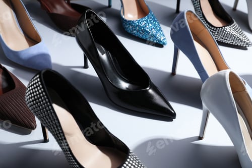 Preview: Different beautiful shoes on light grey background, closeup