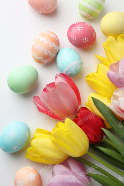 Preview: Painted Easter eggs and beautiful tulips on white background, flat lay