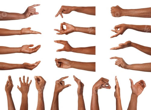 Preview: Hand gestures. African-american man showing arm on white background, closeup