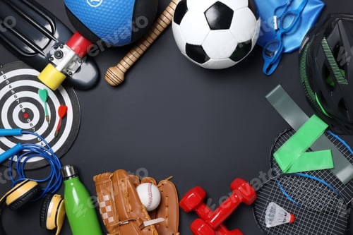 Preview: Different sports equipment, water bottle, penny board and headphones on black background, flat lay.