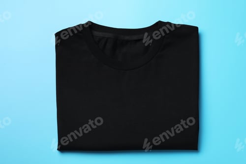 Preview: Blank folded t-shirt on light blue background, top view. Mockup for design