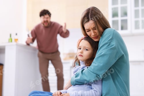 Preview: Alcohol addiction. Drunk man in kitchen, focus on his scared wife and daughter