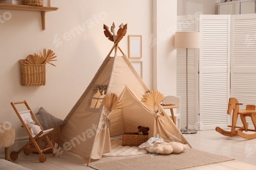 Preview: Stylish wigwam with dry leaves in child's room