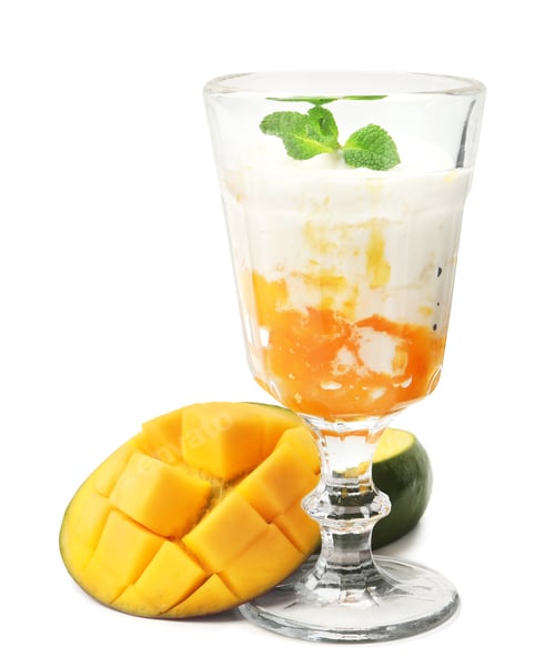 Preview: Tasty yogurt with mango jam and mint isolated on white