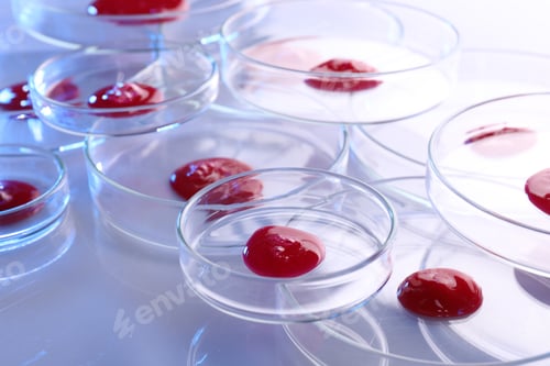 Preview: Biochemistry. Petri dishes with samples on light table, closeup