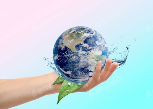 Preview: Save water concept. Earth with green leaves and water splashes in woman's hand against blue gradient