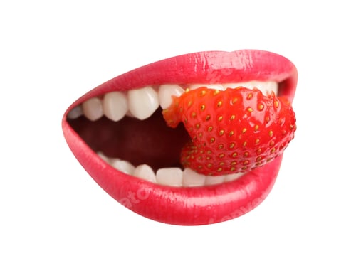 Preview: Woman with beautiful color lips holding fresh strawberry in her mouth on white background, closeup