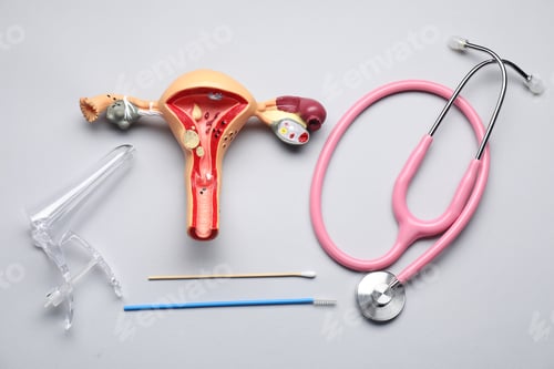 Preview: Model of female reproductive system, gynecology set and stethoscope on grey background, flat lay