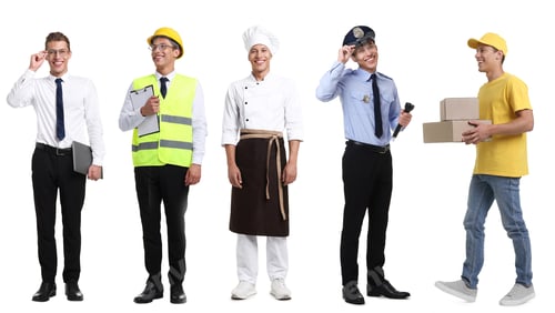 Preview: Choice of profession. Same man representing different occupations. Collage of portraits on white bac