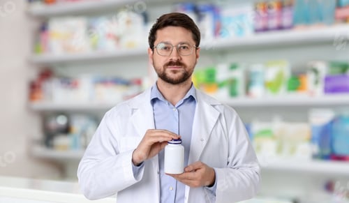 Preview: Pharmacist holding bottle of pills against shelves with medicaments in drugstore