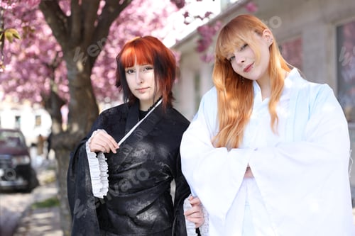 Preview: Beautiful young girls in kimonos posing near blossoming sakura trees outdoors