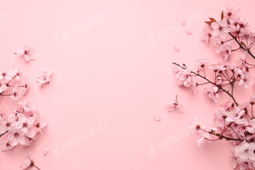 Preview: Beautiful cherry plum tree blossoms on pink background, flat lay. Space for text