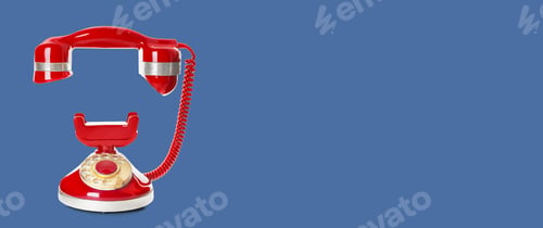 Preview: Vintage telephone with handset in air on blue background, space for text. Hotline concept