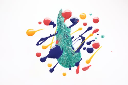 Preview: Colorful nail polish on white background, top view