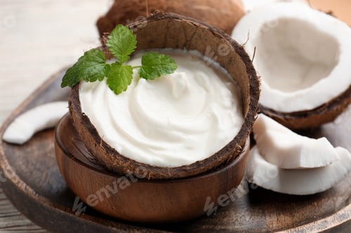 Preview: Tasty coconut yogurt with melissa leaves in shell and nuts on white table, closeup