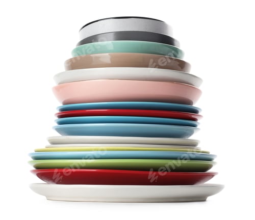 Preview: Stack of clean dishes isolated on white