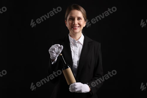 Preview: Professional sommelier with corkscrew and bottle of wine on black background