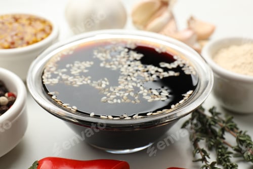 Preview: Soy sauce and other different ingredients for marinade on white marble table, closeup