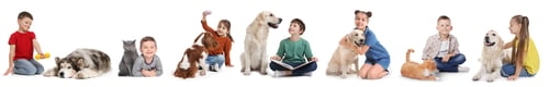 Preview: Cute children with their pets. Set of portraits on white background