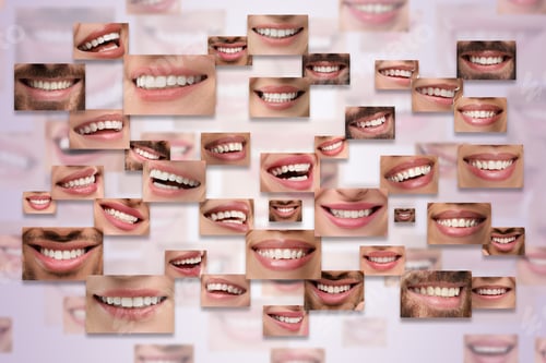 Preview: People with healthy teeth, collage of smiles on violet gradient background. Dental care