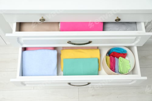 Preview: Chest of drawers with different folded clothes indoors, top view
