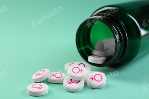Preview: Female hormones. Pills with female gender symbols on turquoise background