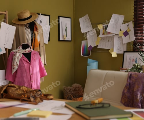 Preview: Fashion designer's workplace with sketches of outfits and clothes indoors