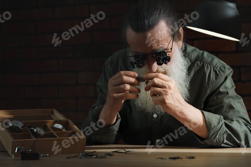 Preview: Senior man fixing mechanism of vintage wrist watch at wooden table indoors