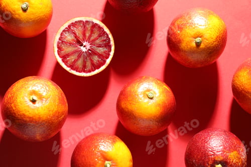 Preview: Ripe Sicilian oranges on red background, flat lay