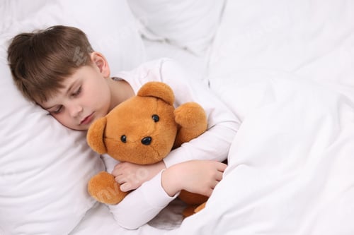 Preview: Cute little boy sleeping with his teddy bear on bed at home