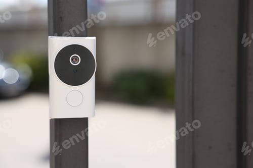 Preview: Modern intercom system on gate outdoors, closeup