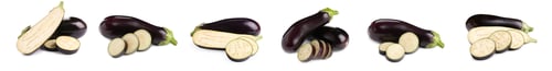 Preview: Fresh eggplants isolated on white, set. Whole and sliced