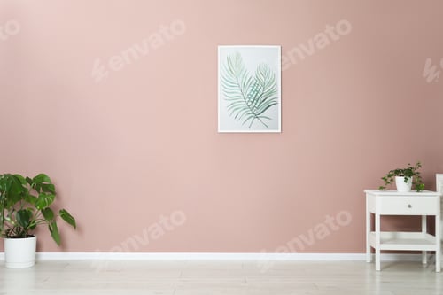 Preview: Stylish room interior with empty space, houseplant and side table