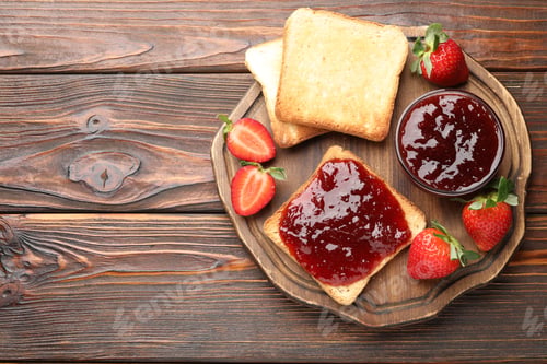 Preview: Toasted bread with strawberry jam and fresh berries on wooden table, top view. Space for text